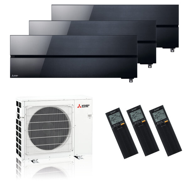 Mitsubishi Electric Klimaanlage Diamond Wandgerät Multisplit Set mit 3 Innengeräten 2 x 2,5 + 3,5 kW Onyx Schwarz