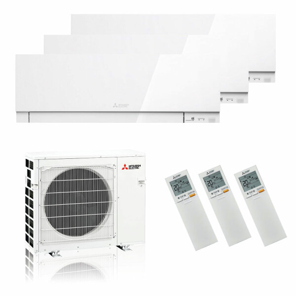 Mitsubishi Electric Klimaanlage Premium Wandgerät Multisplit Set mit 3 Innengeräten 2 x 2,5 + 5,0 kW Weiß